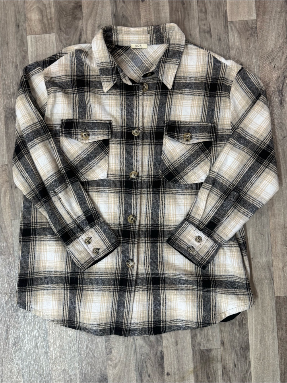 KORI America Plaid Shirt Jacket Neutral Flannel Boho Fall Size XL